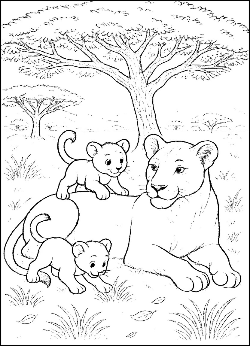  Lioness with cubs resting under a tree in the African landscape.