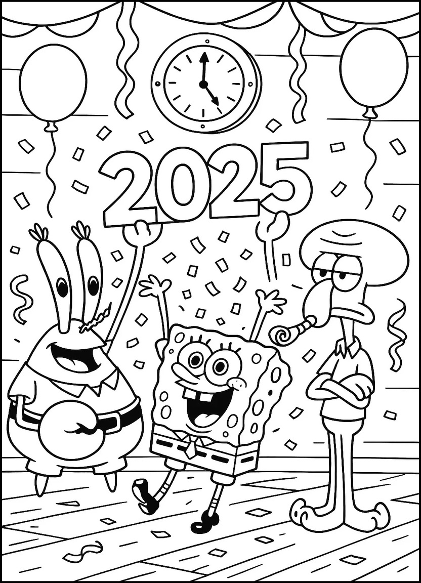 Mr. Krabs, SpongeBob, and Squidward celebrating New Year's Eve at the Krusty Krab