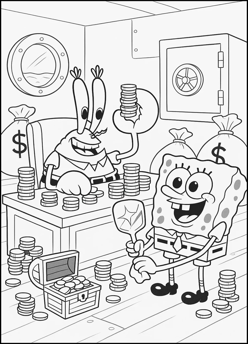 Mr. Krabs and SpongeBob with money and spatula