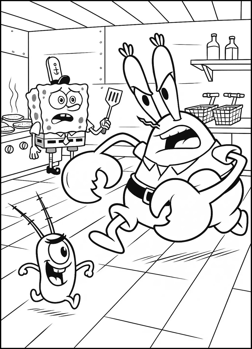 Mr. Krabs chasing Plankton with SpongeBob watching
