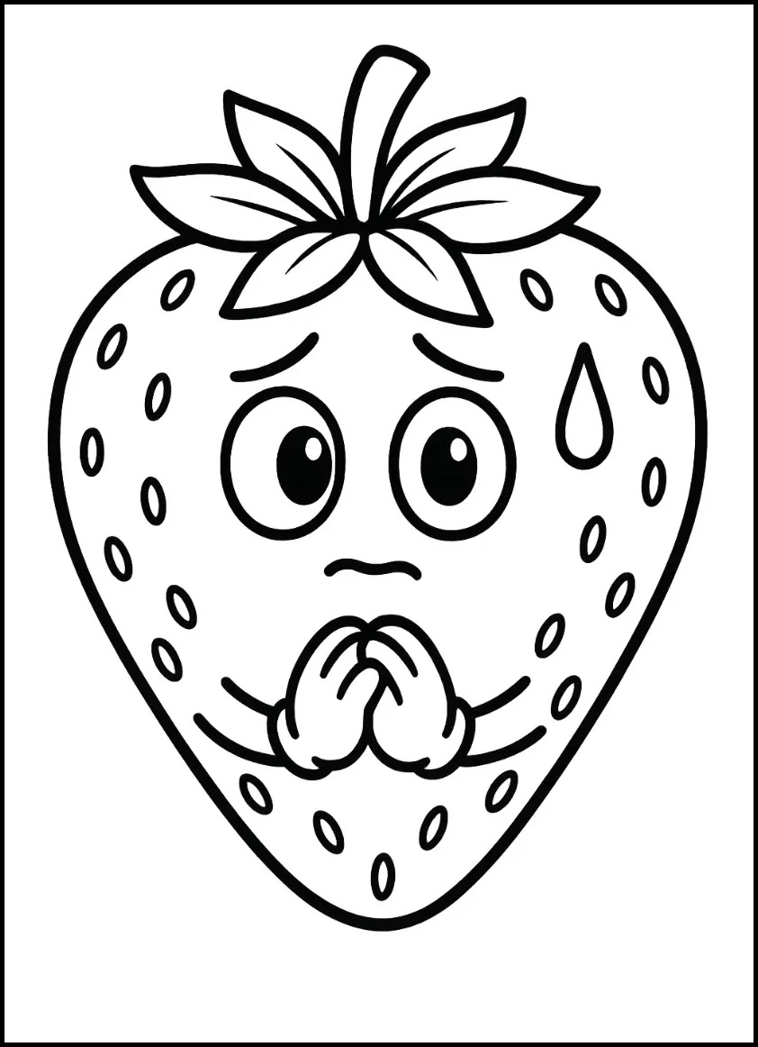Nervous strawberry character with sweat drop emoji-style face for coloring