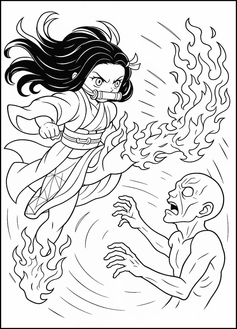 Nezuko using Blood Demon Art in mid-kick against a demon