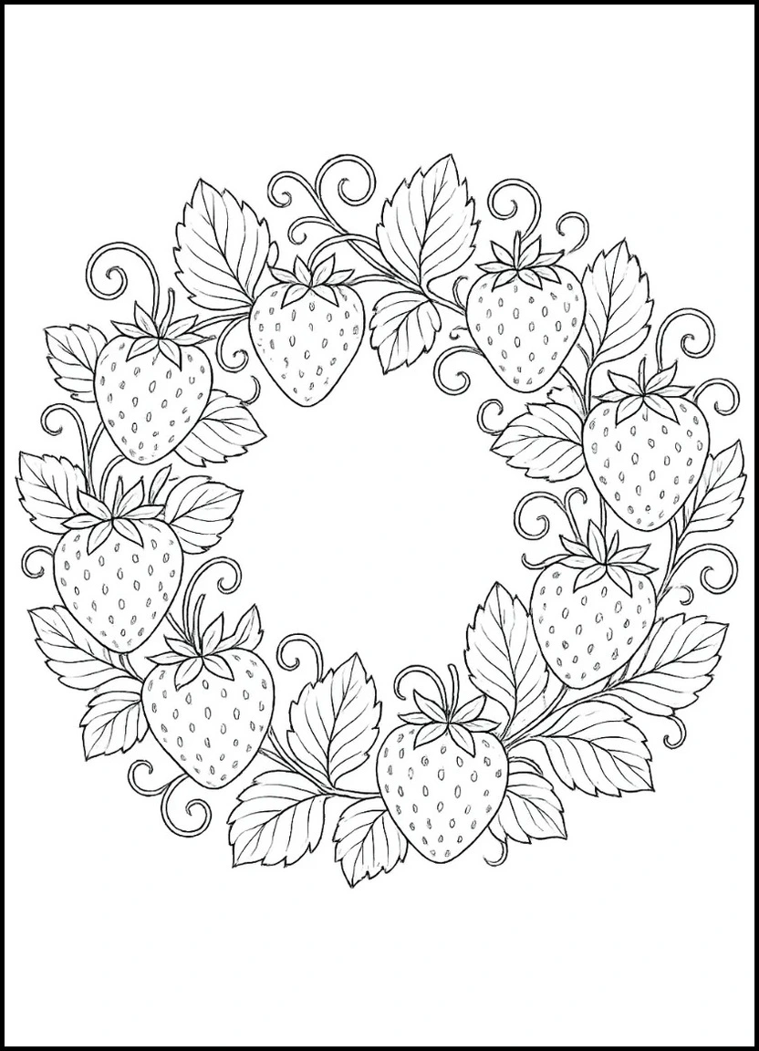 Ornamental strawberry wreath with detailed vines and leaves for coloring