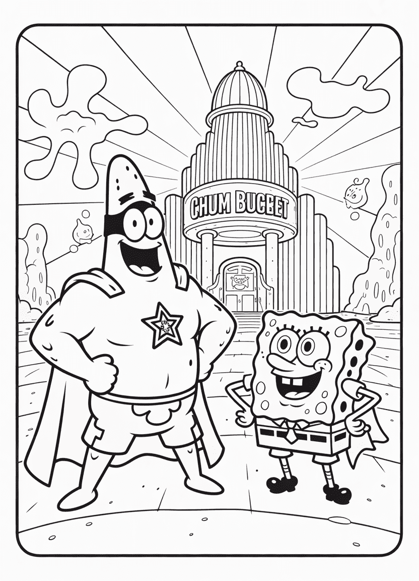 Patrick and SpongeBob as superheroes in front of the Chum Bucket