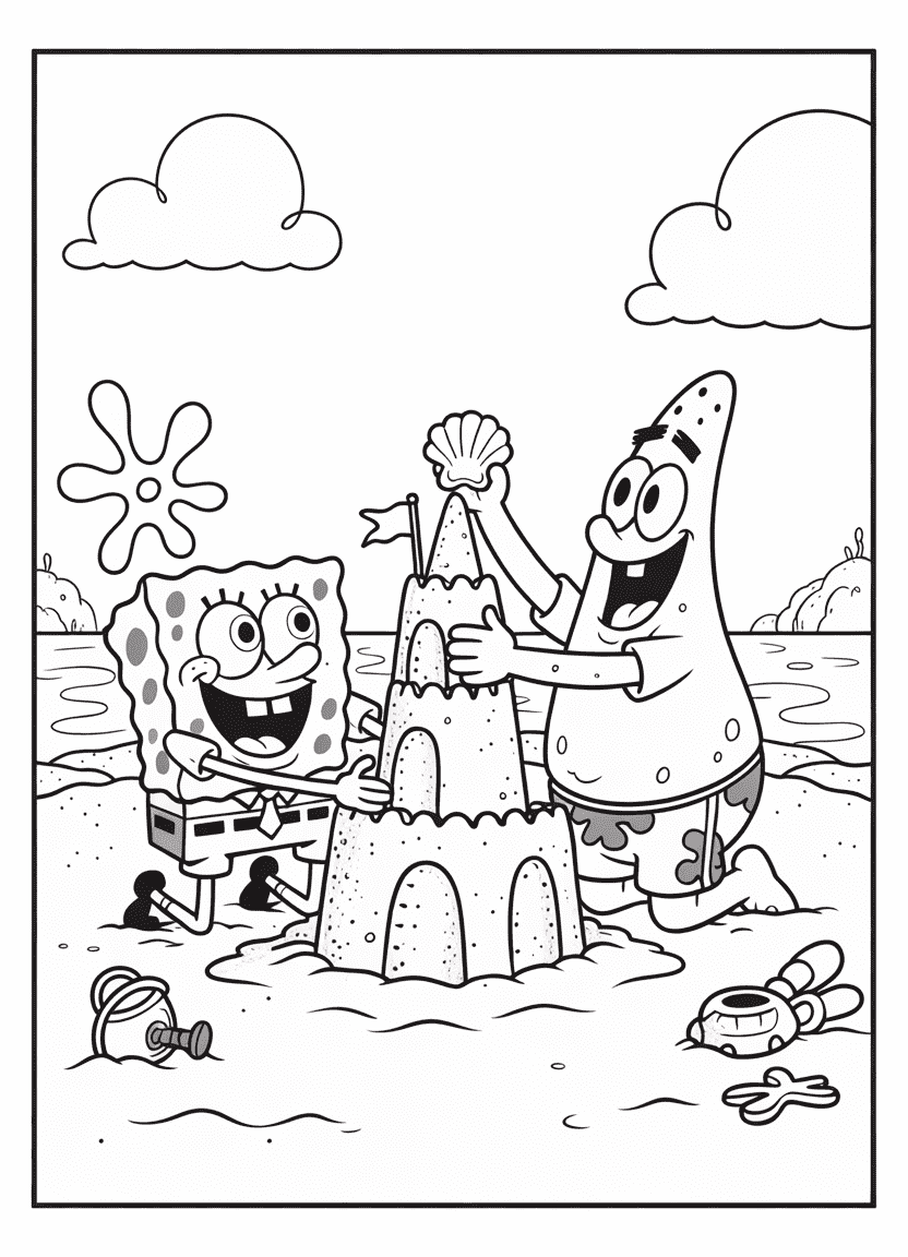 Patrick and SpongeBob building a sandcastle