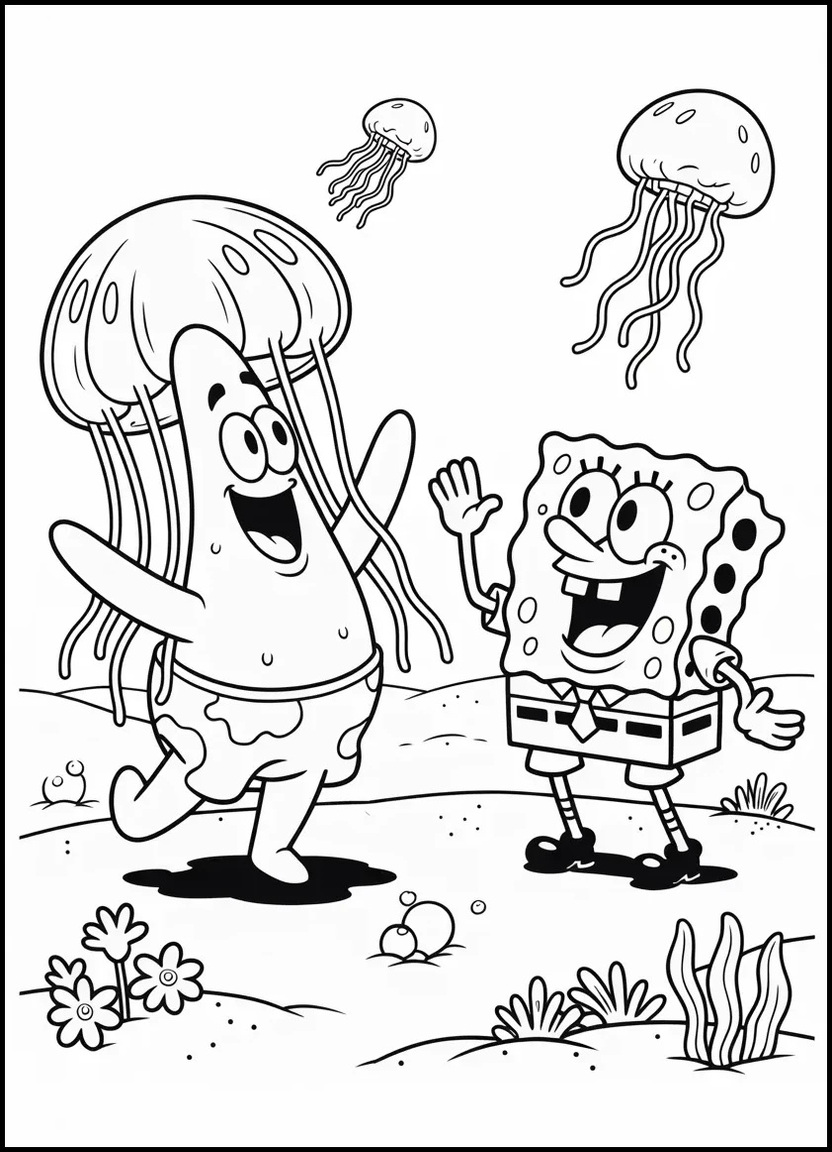 Patrick dancing in costume with SpongeBob cheering