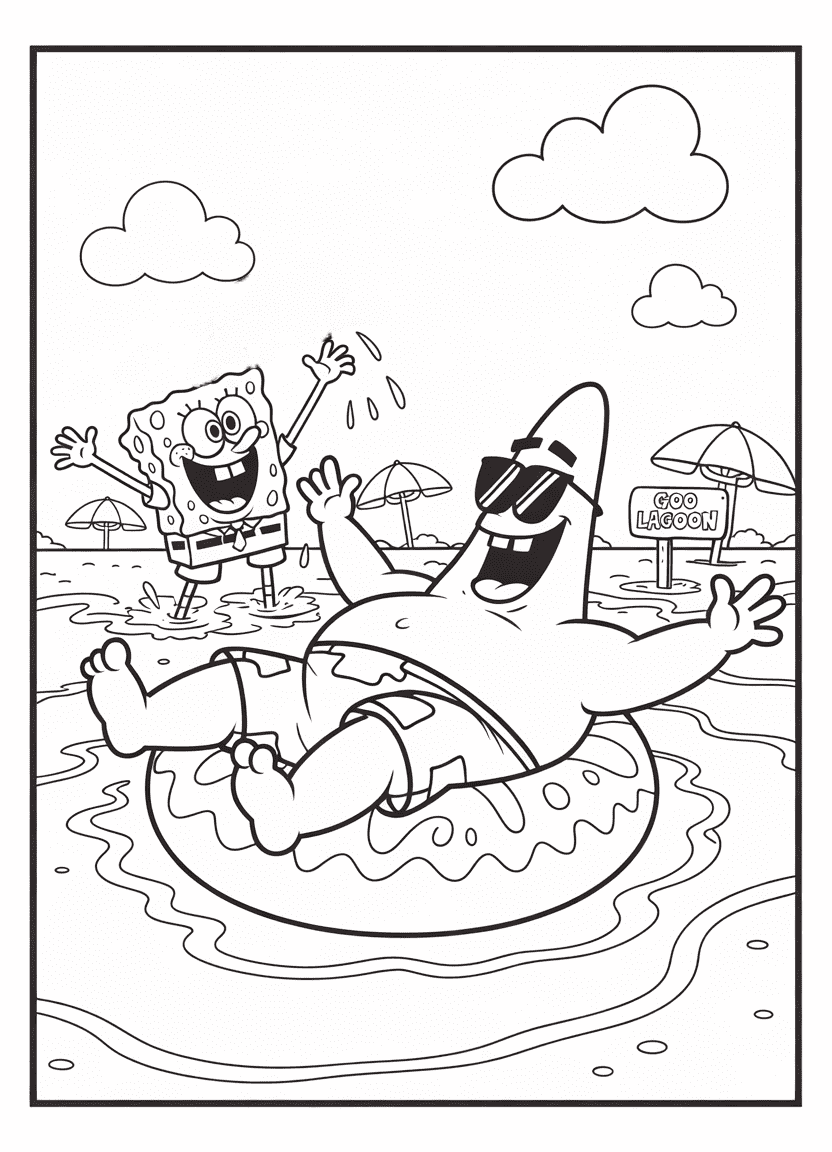 Patrick relaxing in the water while SpongeBob splashes him