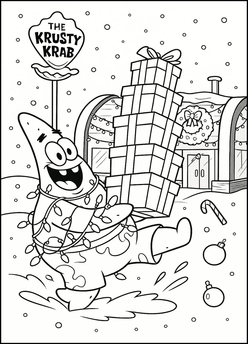 Patrick tangled in lights and carrying Christmas gifts