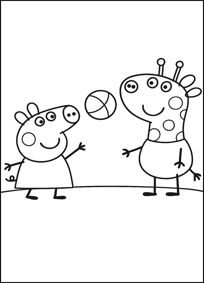 Peppa Pig and Gerald Giraffe playing ball coloring page