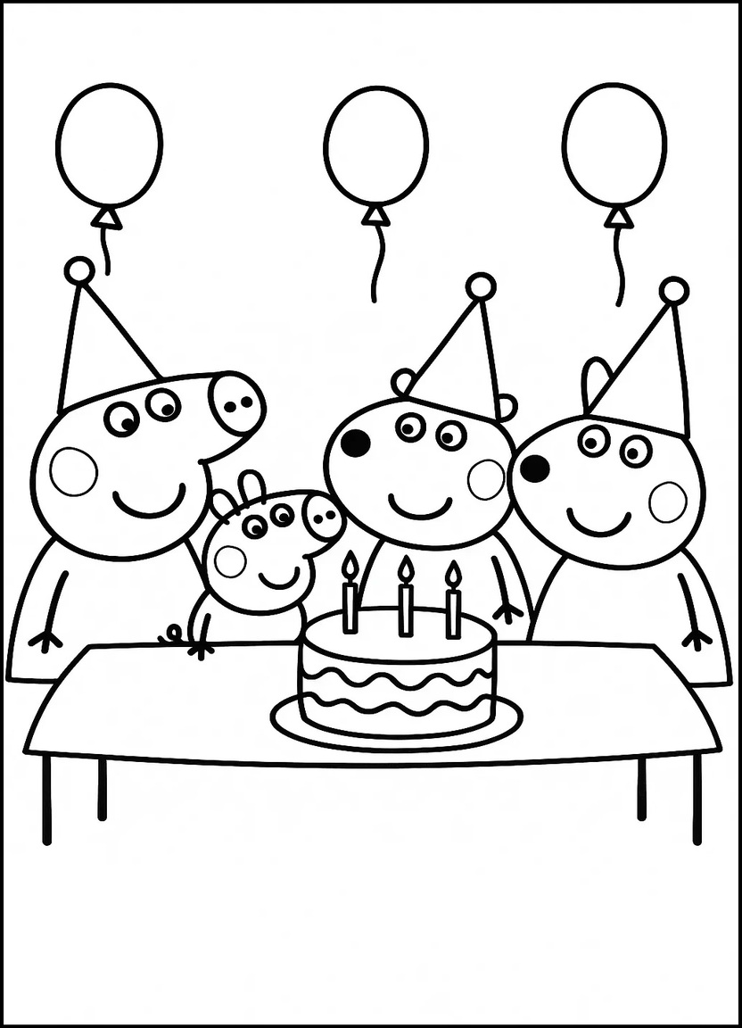 Peppa Pig and friends at birthday party coloring page