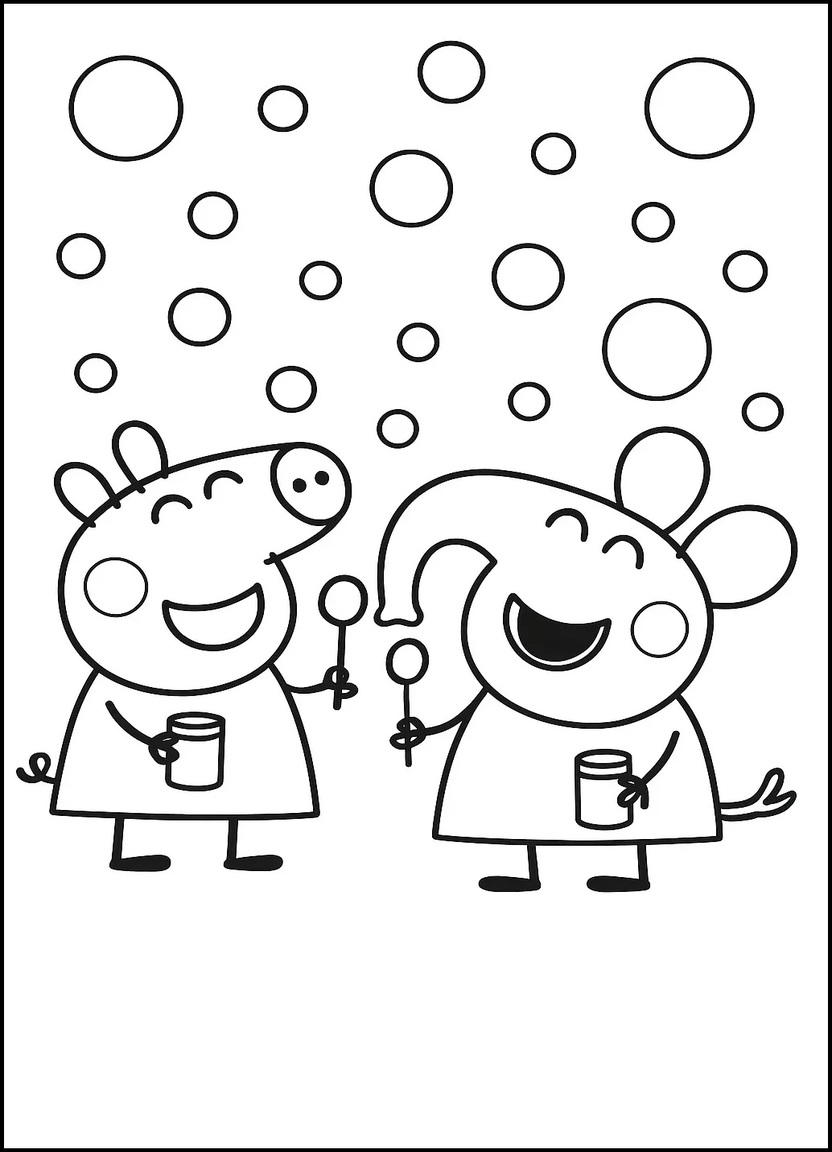 Peppa Pig blowing bubbles with Emily Elephant coloring page