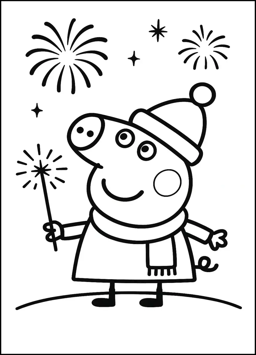 Peppa Pig celebrating New Year fireworks coloring page