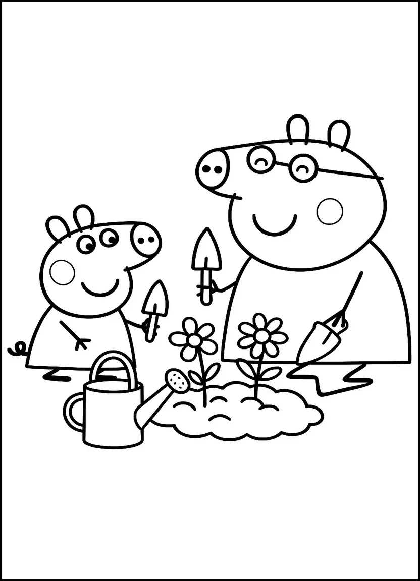 Peppa Pig gardening with Mummy Pig coloring page