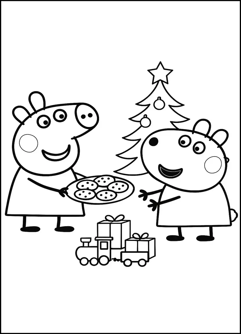 Peppa Pig giving cookies to Suzy Sheep coloring page