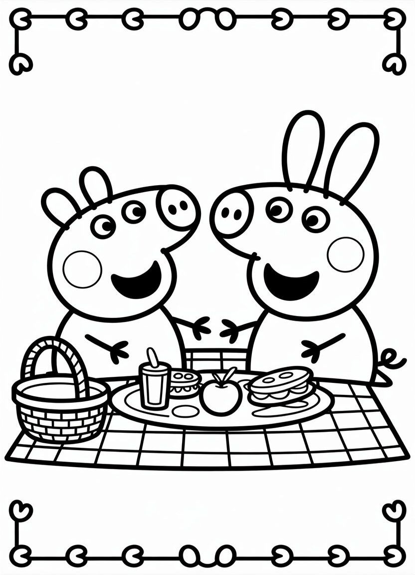 Peppa Pig having picnic with Rebecca Rabbit coloring page