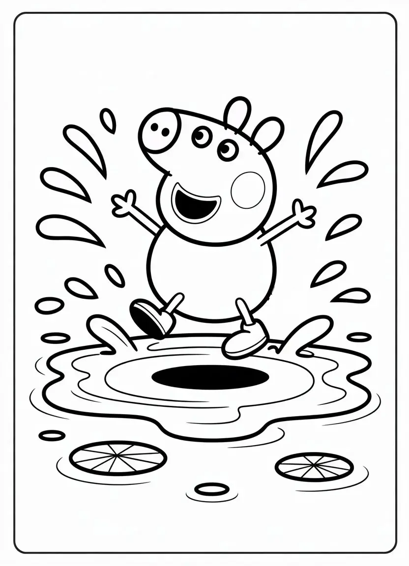 Peppa Pig jumping in muddy puddles coloring page