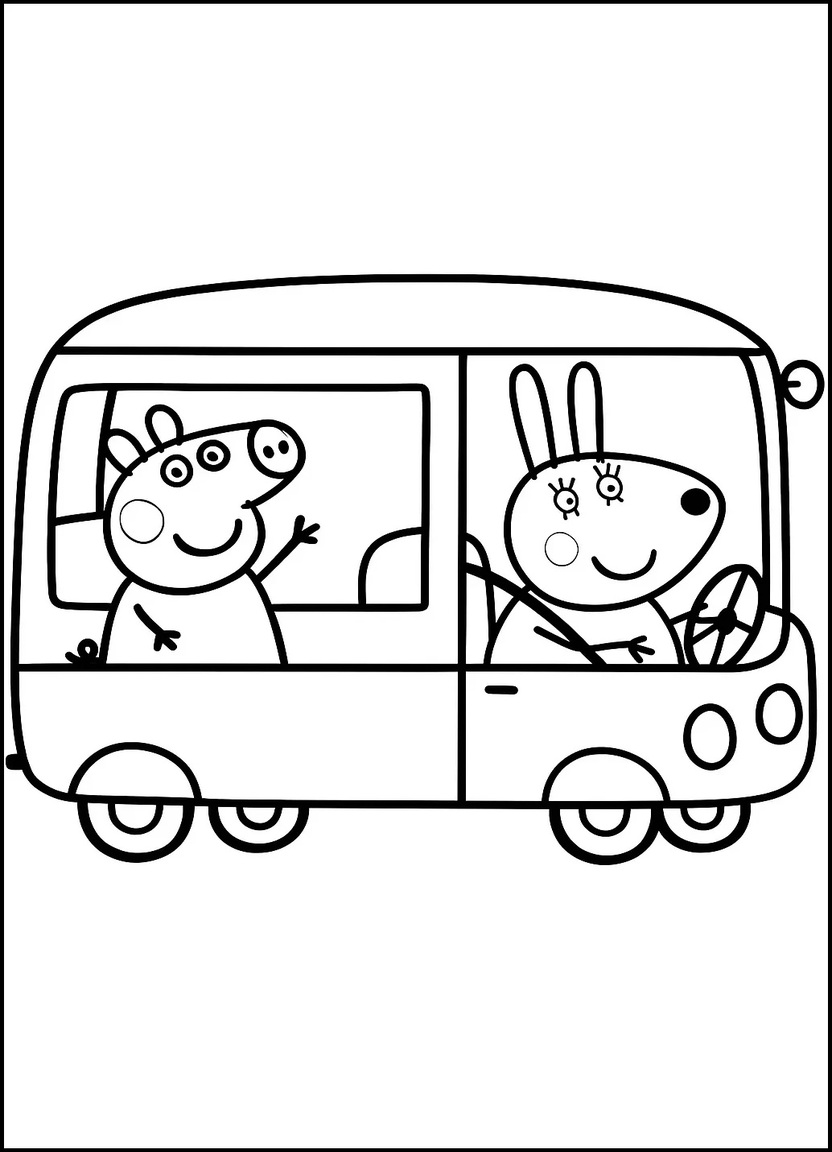 Peppa Pig riding bus with Miss Rabbit coloring page