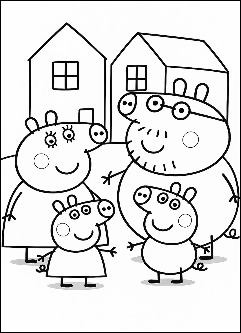 Peppa Pig with Mummy Pig, Daddy Pig, and George coloring page