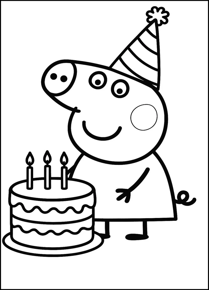 Peppa Pig with party hat and birthday cake coloring page