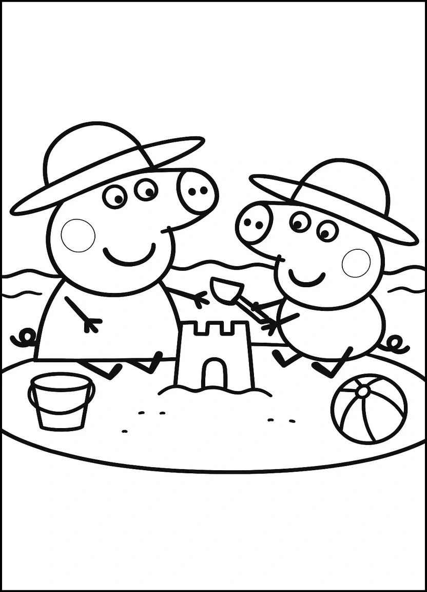 Peppa and George at the beach coloring page