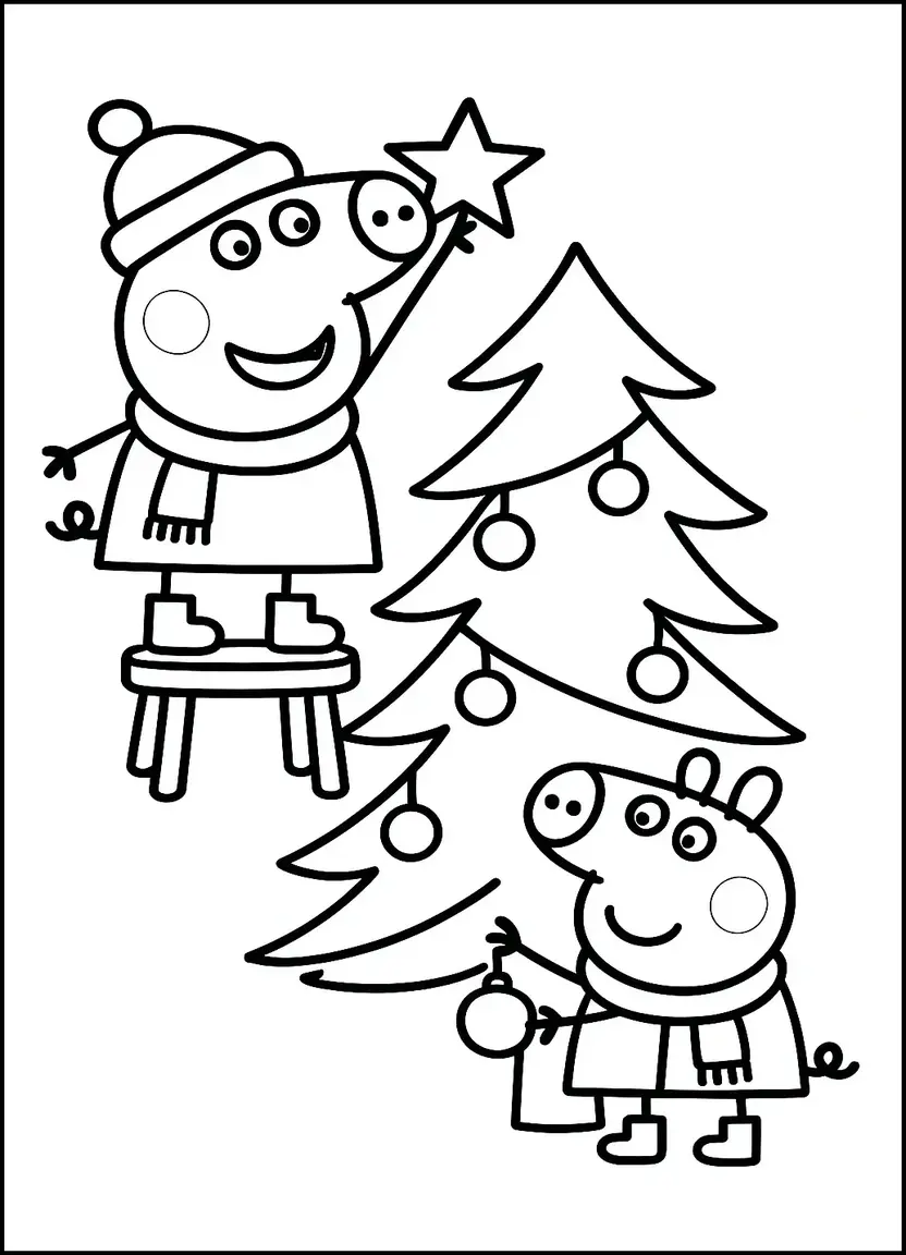 Peppa and George decorating Christmas tree coloring page