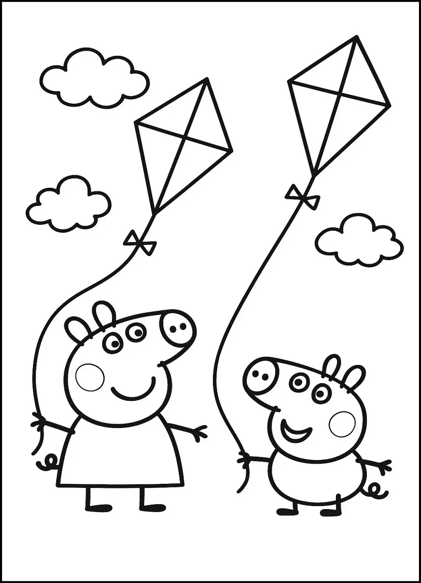 Peppa and George flying kites coloring page