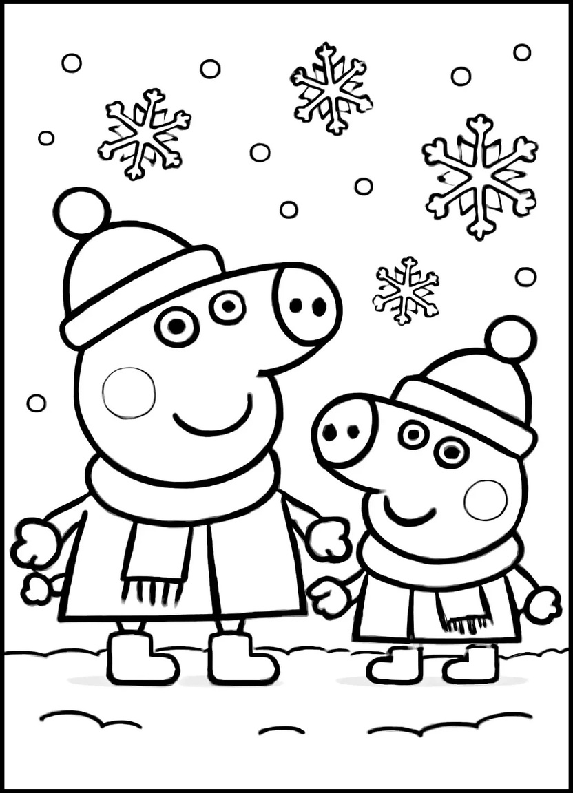 Peppa and George in winter outfits coloring page