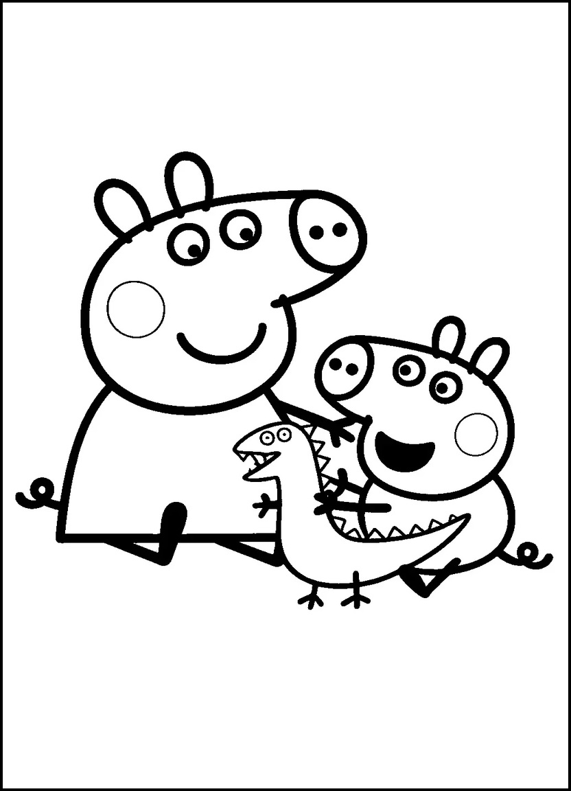 Peppa and George playing with dinosaur coloring page