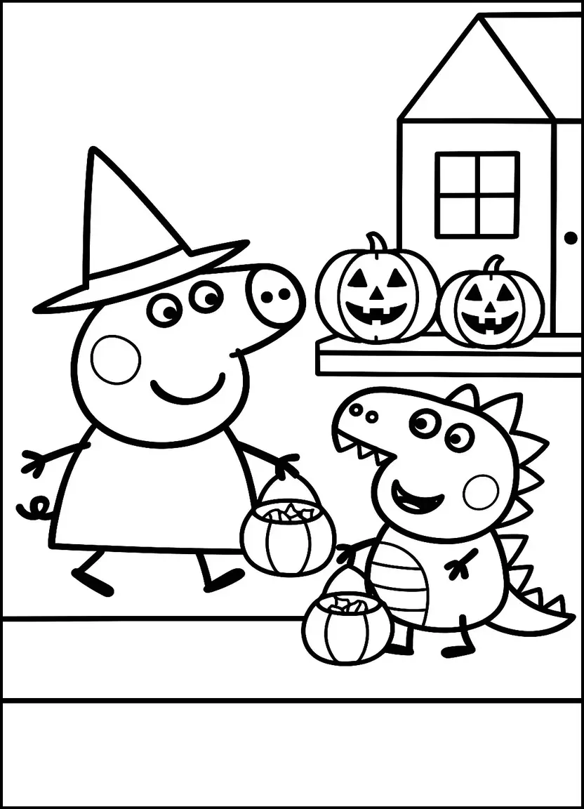 Peppa and George trick-or-treating Halloween coloring page