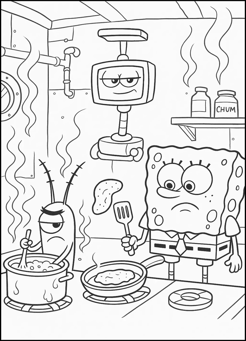 Plankton and SpongeBob cooking in Chum Bucket