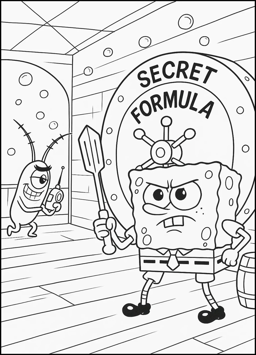 Plankton sneaking while SpongeBob guards the vault