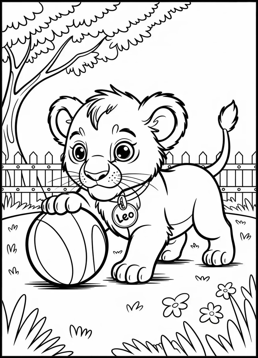 Playful baby lion pushing a ball in a zoo setting