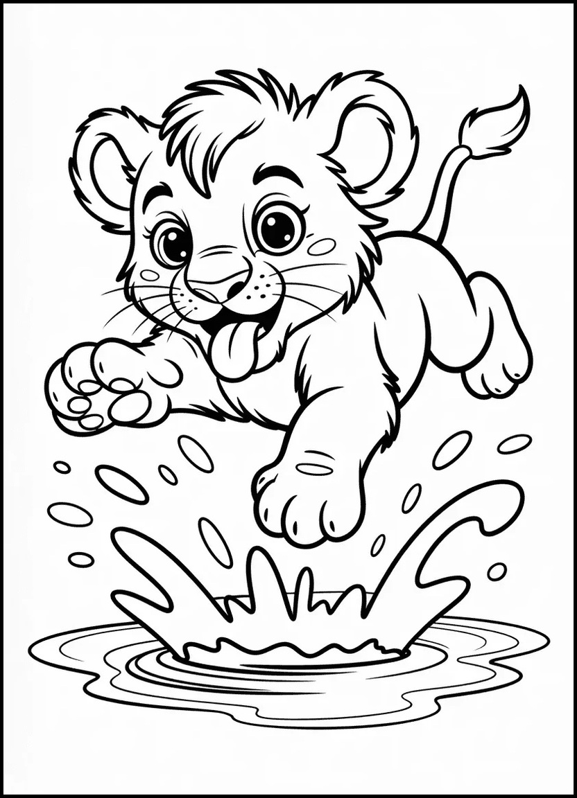 Playful lion cub splashing into a puddle