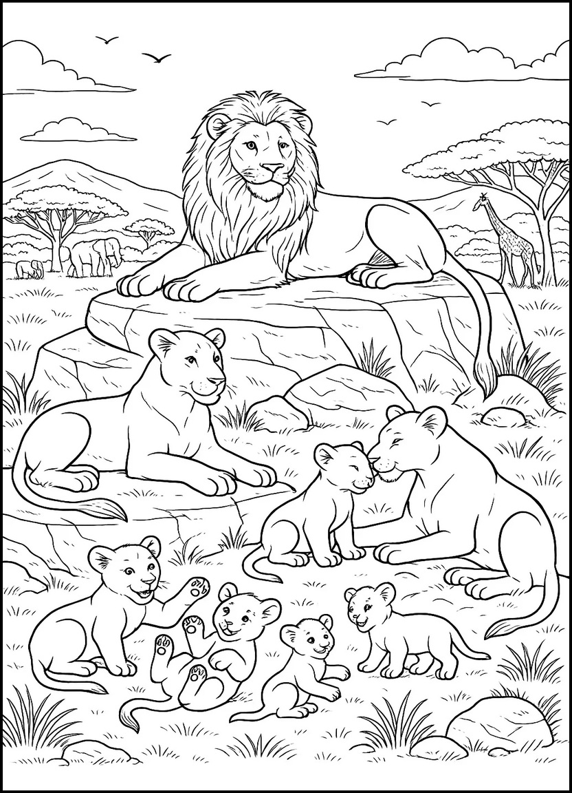Realistic African wildlife scene with lion pride and savanna animals