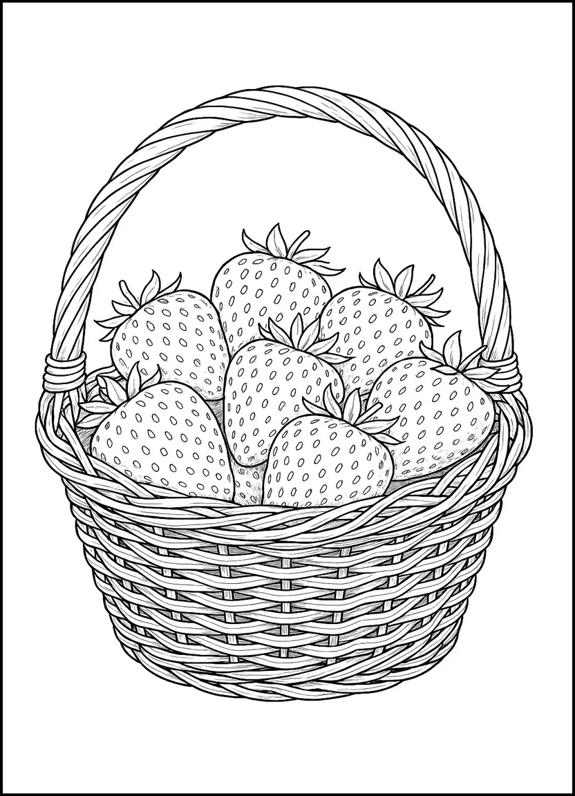 Realistic basket filled with freshly picked strawberries for coloring