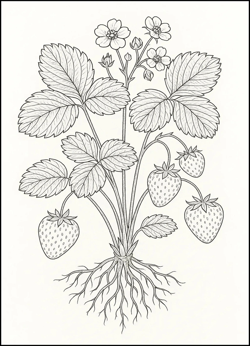 Realistic botanical strawberry plant with exposed roots, leaves, and fruit