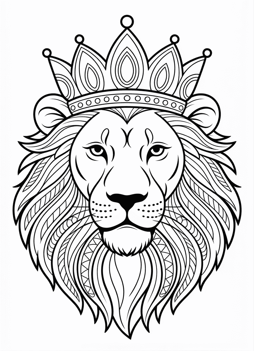 Realistic lion portrait with crown and decorative elements