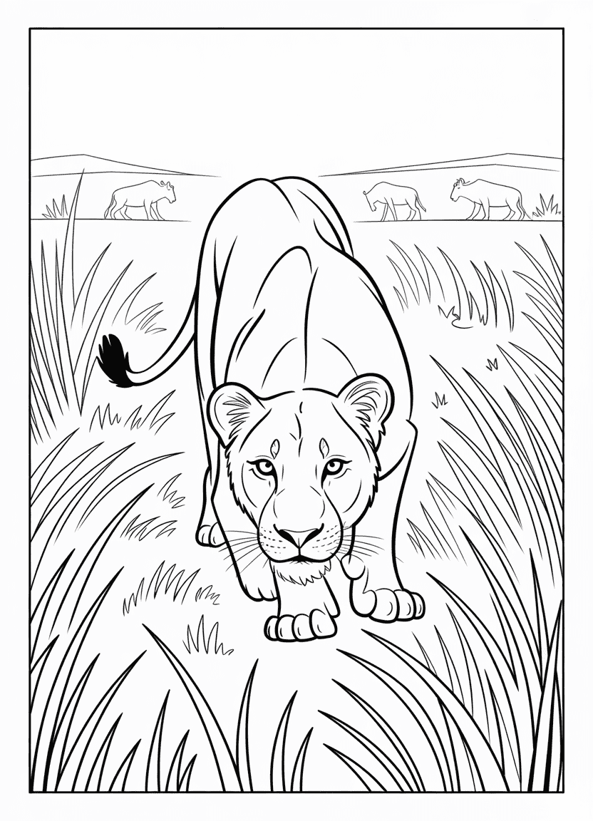 Realistic lioness stalking prey through tall grass