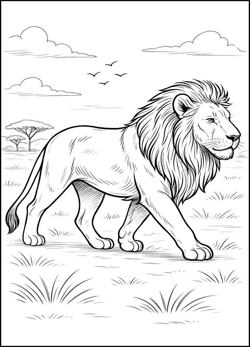  Realistic male lion walking in the African savanna