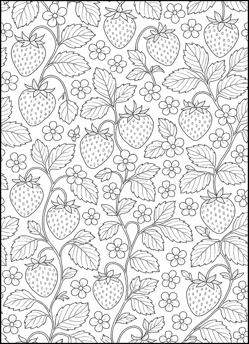 Repeating strawberry and leaf pattern for coloring pages