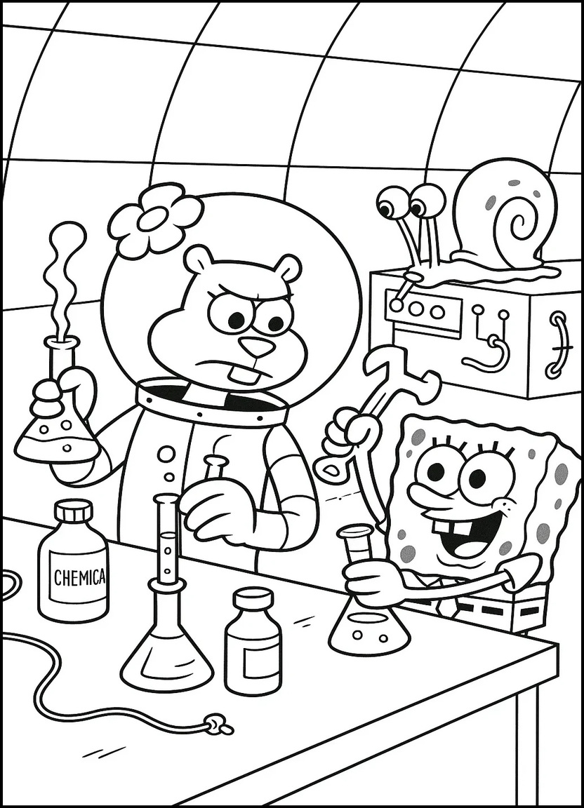 Sandy, SpongeBob, and Gary in a lab