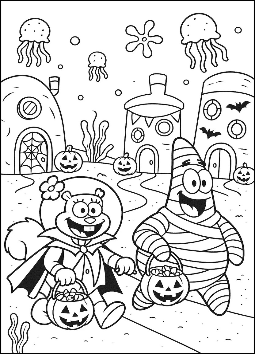 Sandy and Patrick trick-or-treating in Halloween costumes