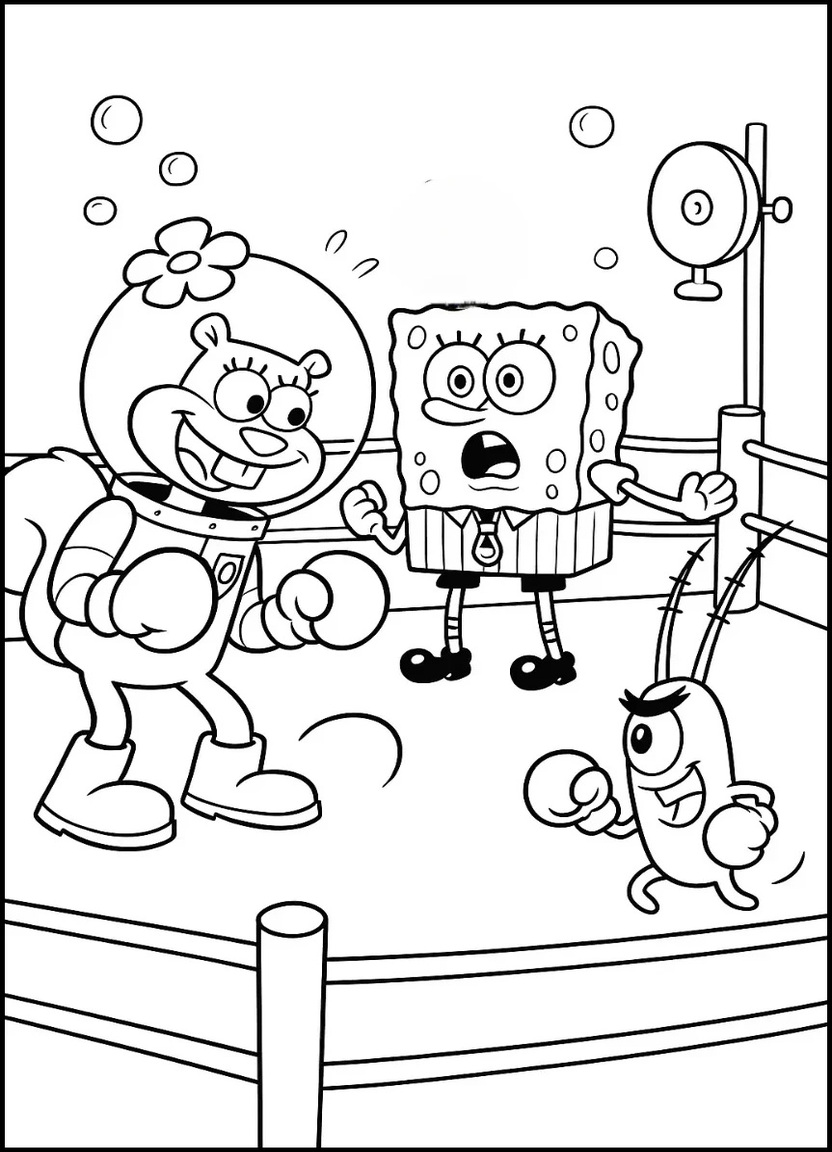 Sandy and Plankton fighting while SpongeBob referees