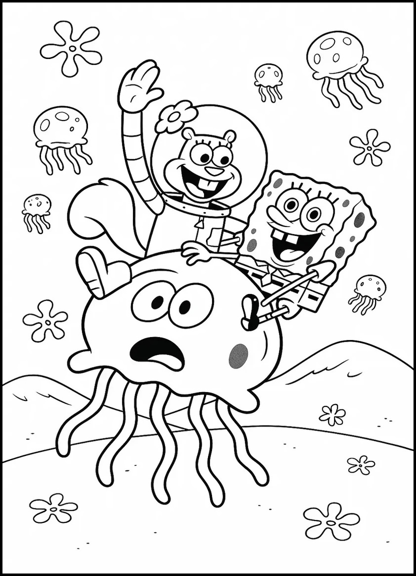 Sandy and SpongeBob riding a jellyfish