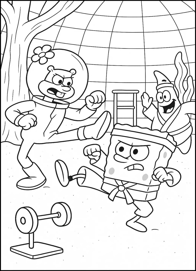 Sandy teaching karate to SpongeBob and Patrick