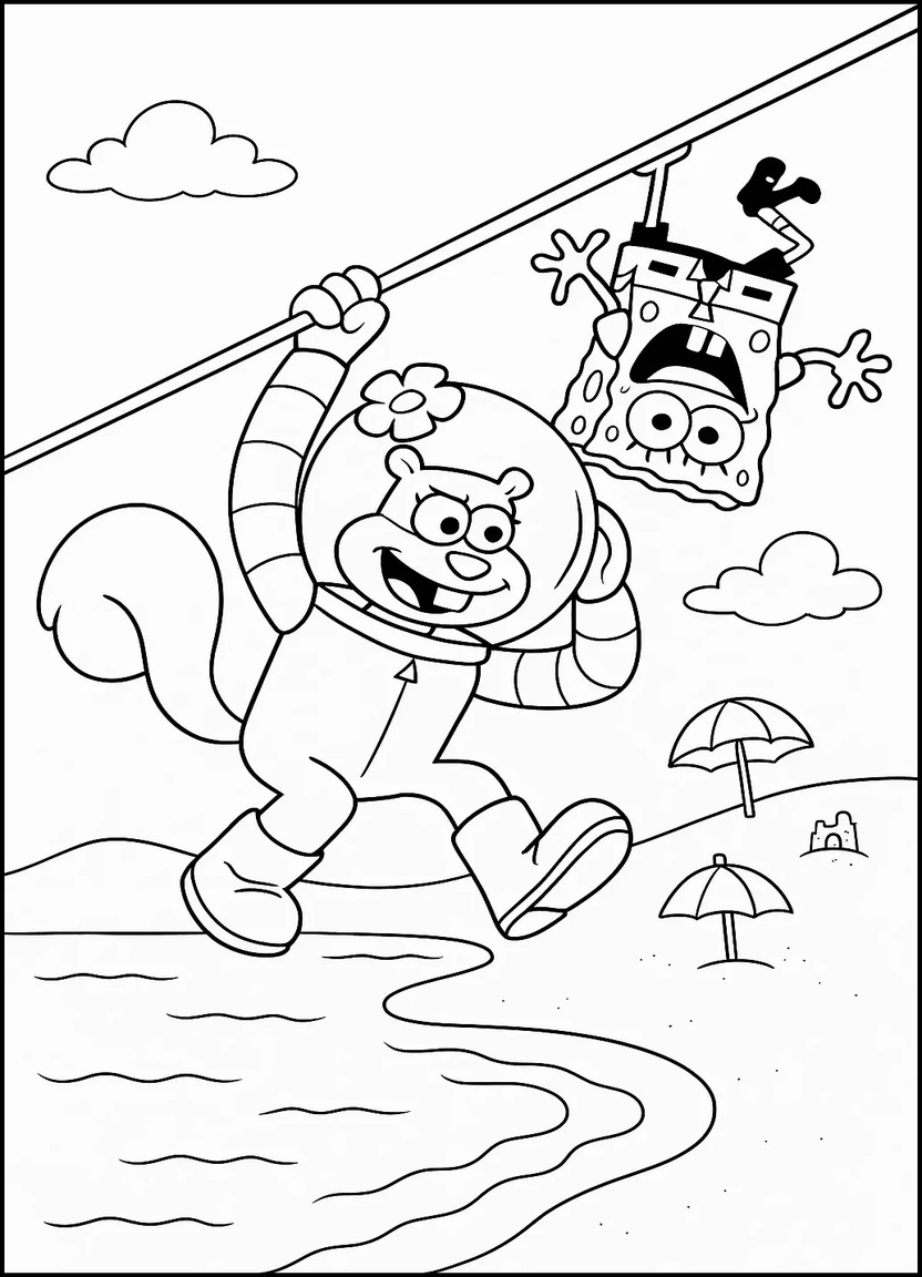 Sandy zip-lining with SpongeBob hanging on