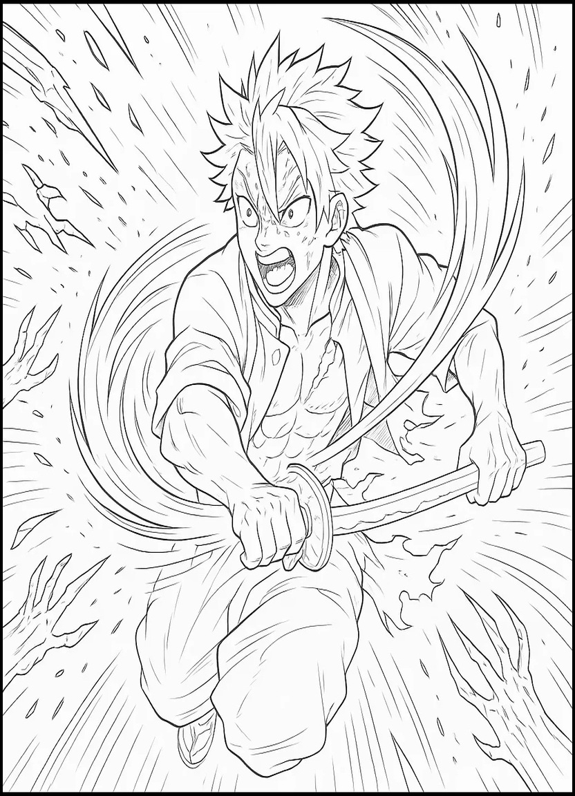 Sanemi Shinazugawa battle scene coloring page using Wind Breathing