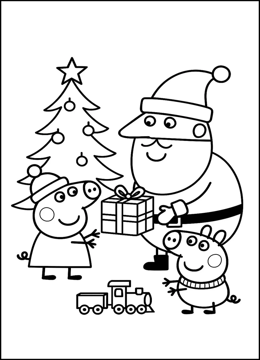 Santa giving Peppa Pig a gift coloring page