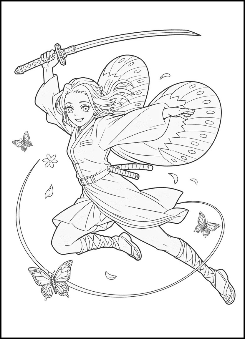 Shinobu Kocho action scene coloring page with mid-air sword strike