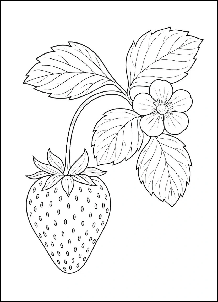 Single realistic strawberry on the vine with leaves and blossom for coloring